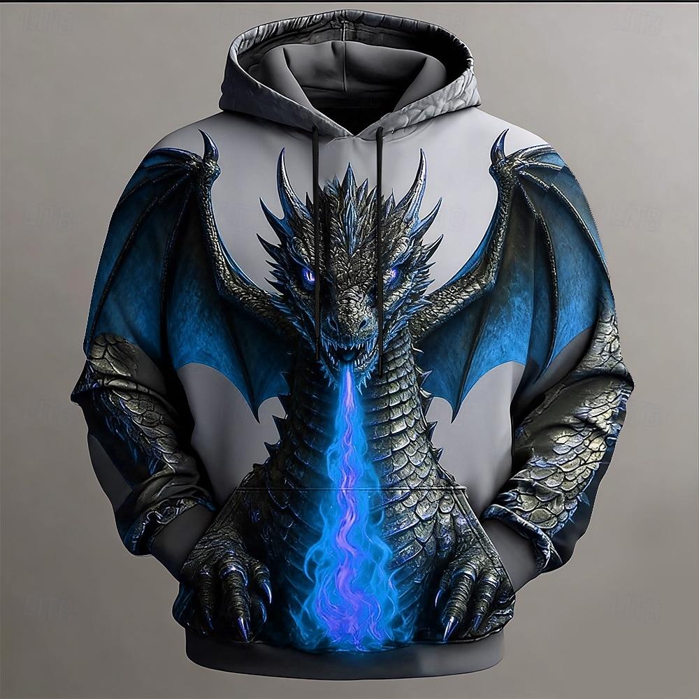 Men's Dragon 3D Hoodie Sweatshirt Cool Party Crew Neck Club Streetwear Yellow Red Drawstring Fall Winter Designer