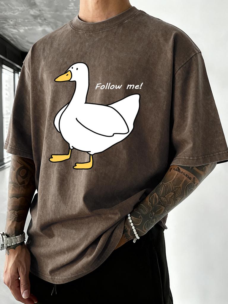 Follow The Goose Design Men Washed T Shirt Summer Hip Hop TShirt Crewneck Cotton Sportswear Casual Oversized Short Sleeves