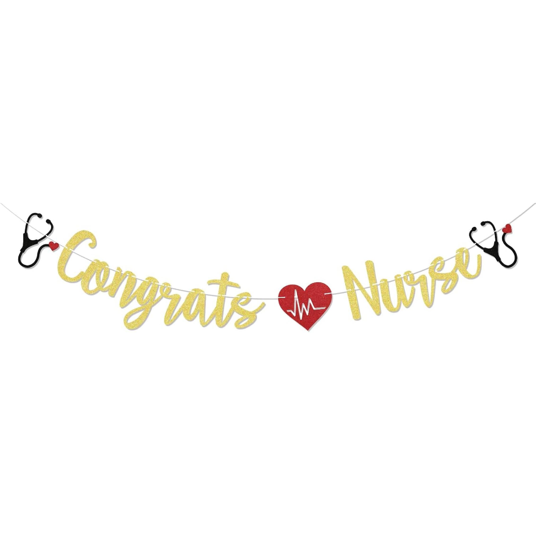 Congrats Nurse Banner - Nursing School Survivor Decorations, BSN/RN/NP Grad Party Decor, Class of 2025 Decorations Gold Glitter