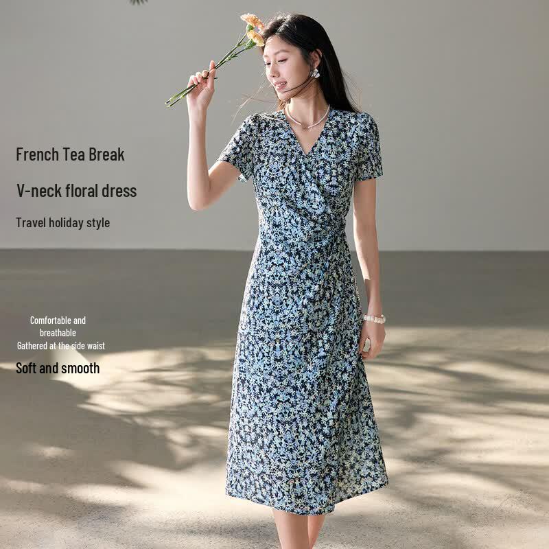 Hstyle French V-Neck Floral Midi Dress S