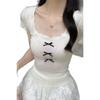 Ballet Lace Patchwork Slim-Fit Square Neck T-Shirt for Women