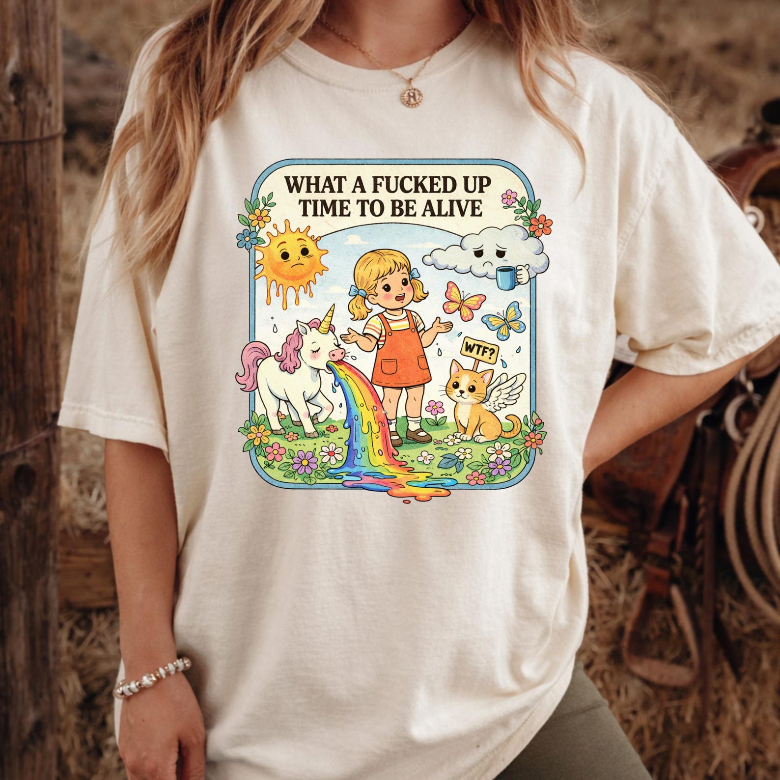 Vintage Cute Chaos T-Shirt • “What a Fucked Up Time To Be Alive” Retro Funny Graphic Tee • Whimsical Surreal Humor Shirt. S