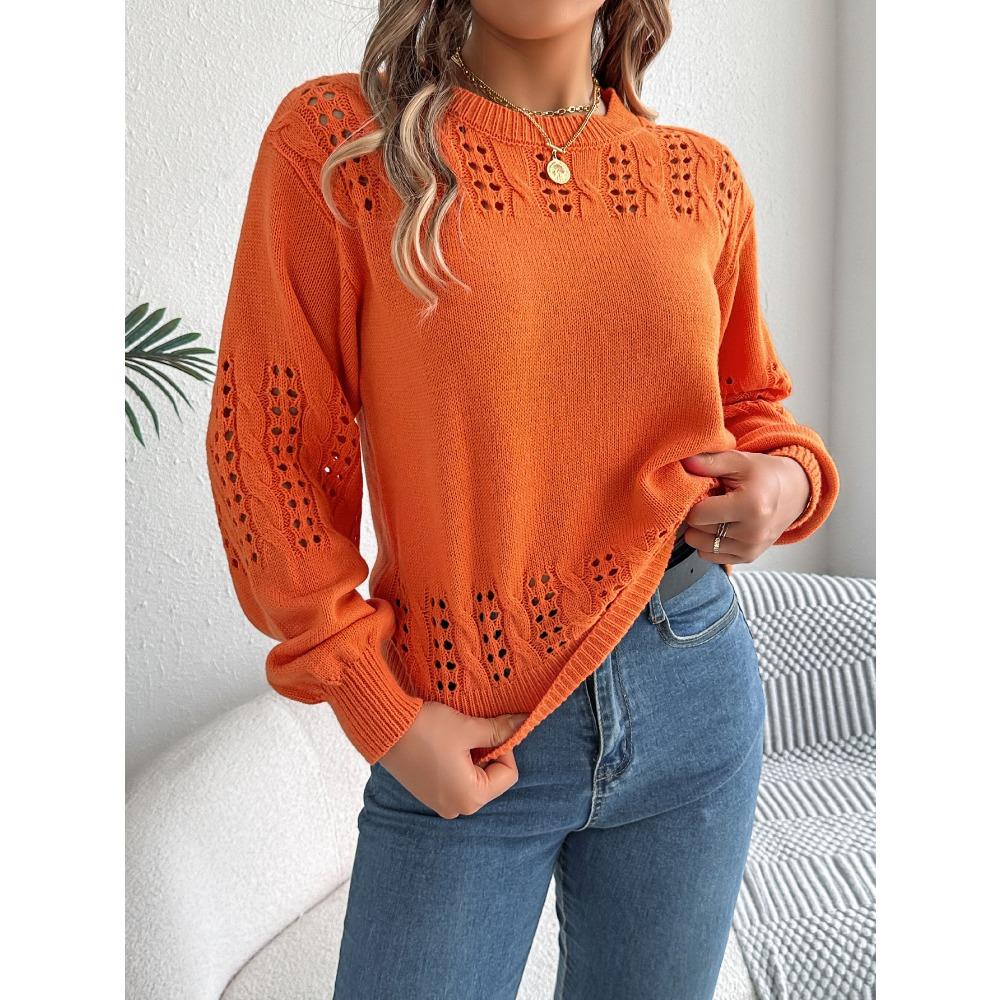Women's Sweatshirt Casual Solid Colour Openwork Lantern Sleeve Pullover Knit Top