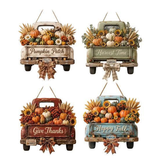 Rustic Pumpkin Truck Door Ornament Harvest Hanging Sign for Front Door, Wooden Fall with Distressed Wood Hemp Rope, Farmhouse Welcome Sign,