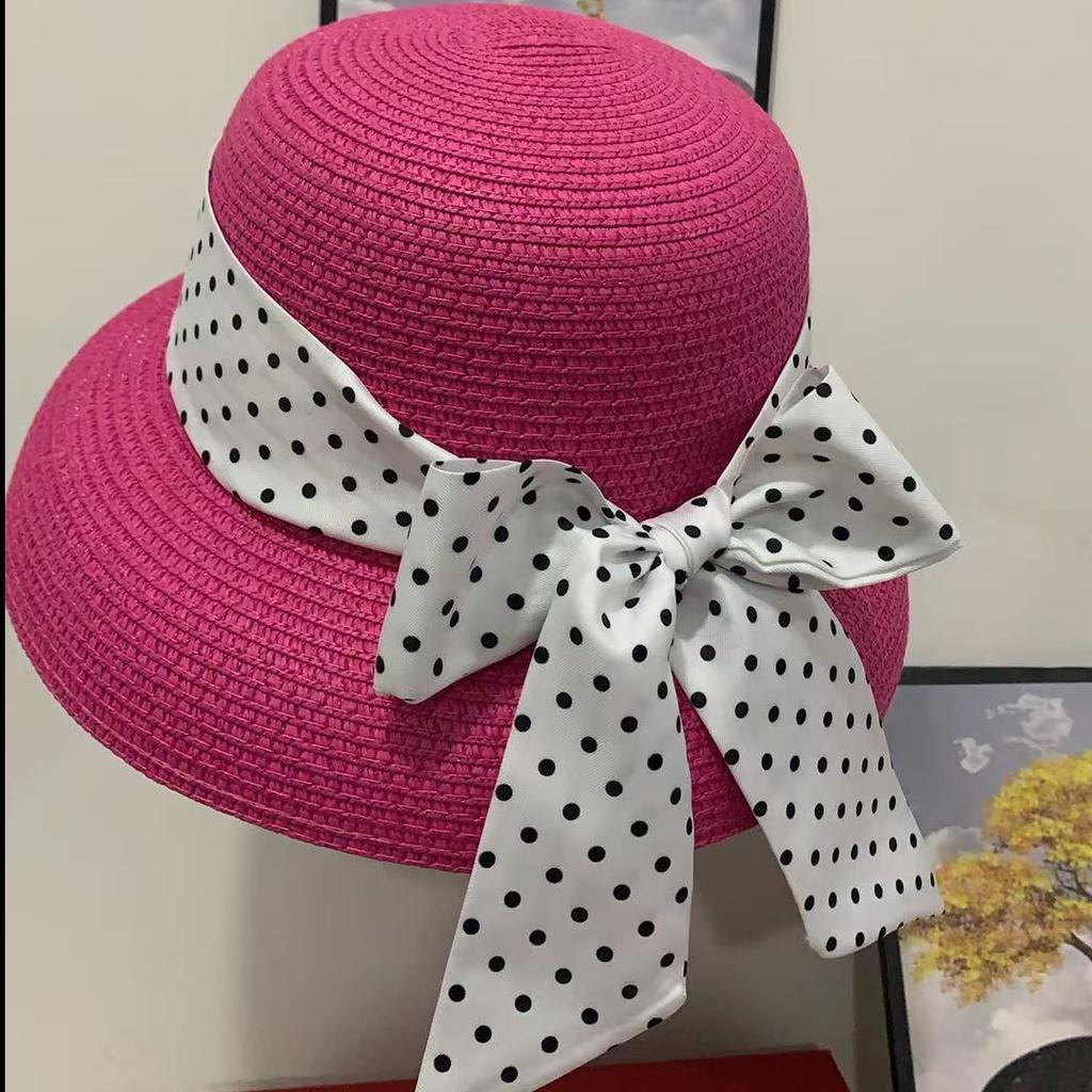 French Polka Dot Face Small Sunshade Straw Hat Women's Spring and Summer Fashion Versatile Sunscreen Bucket Hat Seaside Vacation Self-operated