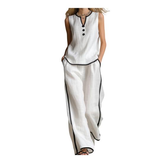 Damen Sommer 2-teilige Outfits Lässig Ärmellos Knopf V-Ausschnitt Oberteil Und Weite Hosen Urlaubs Lounge Sets mit Taschen