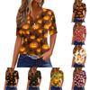 Women's Halloween Print V Neck Short Sleeve Button Front T Shirt Casual Fashion Top for Everyday Wear and Seasonal Events