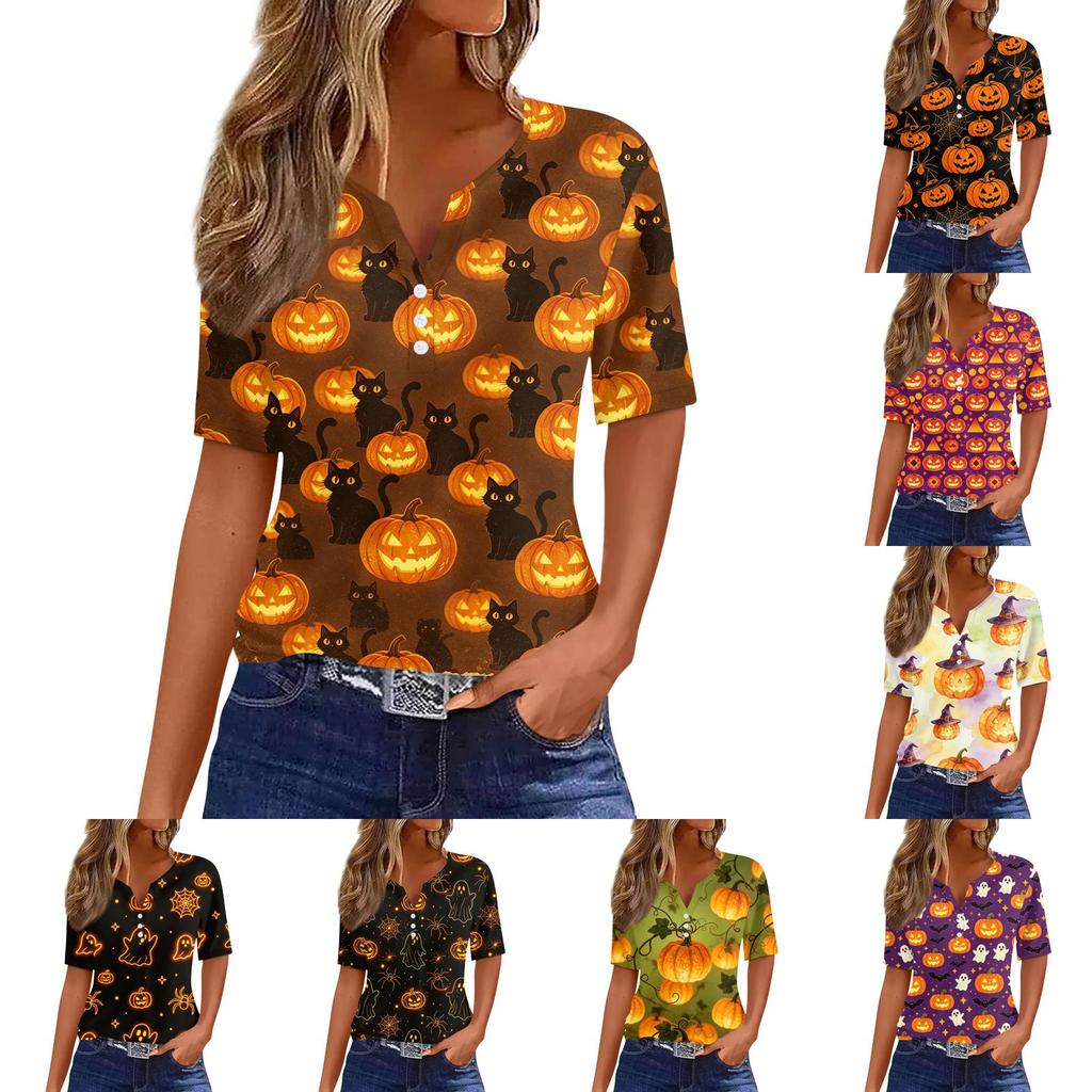 Women's Halloween Print V Neck Short Sleeve Button Front T Shirt Casual Fashion Top for Everyday Wear and Seasonal Events