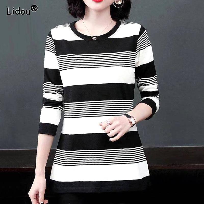 Vintage Striped O-neck Trend All-match Slim Fit Spring Summer Women's Clothing Simple Elasticity Comfortable T-shirts