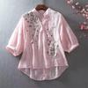 Literary  Shirts for Women Embroidery Flowers Woman Blouses V-neck Half Sleeve Lace Blouses Summer Thin Top Shirt