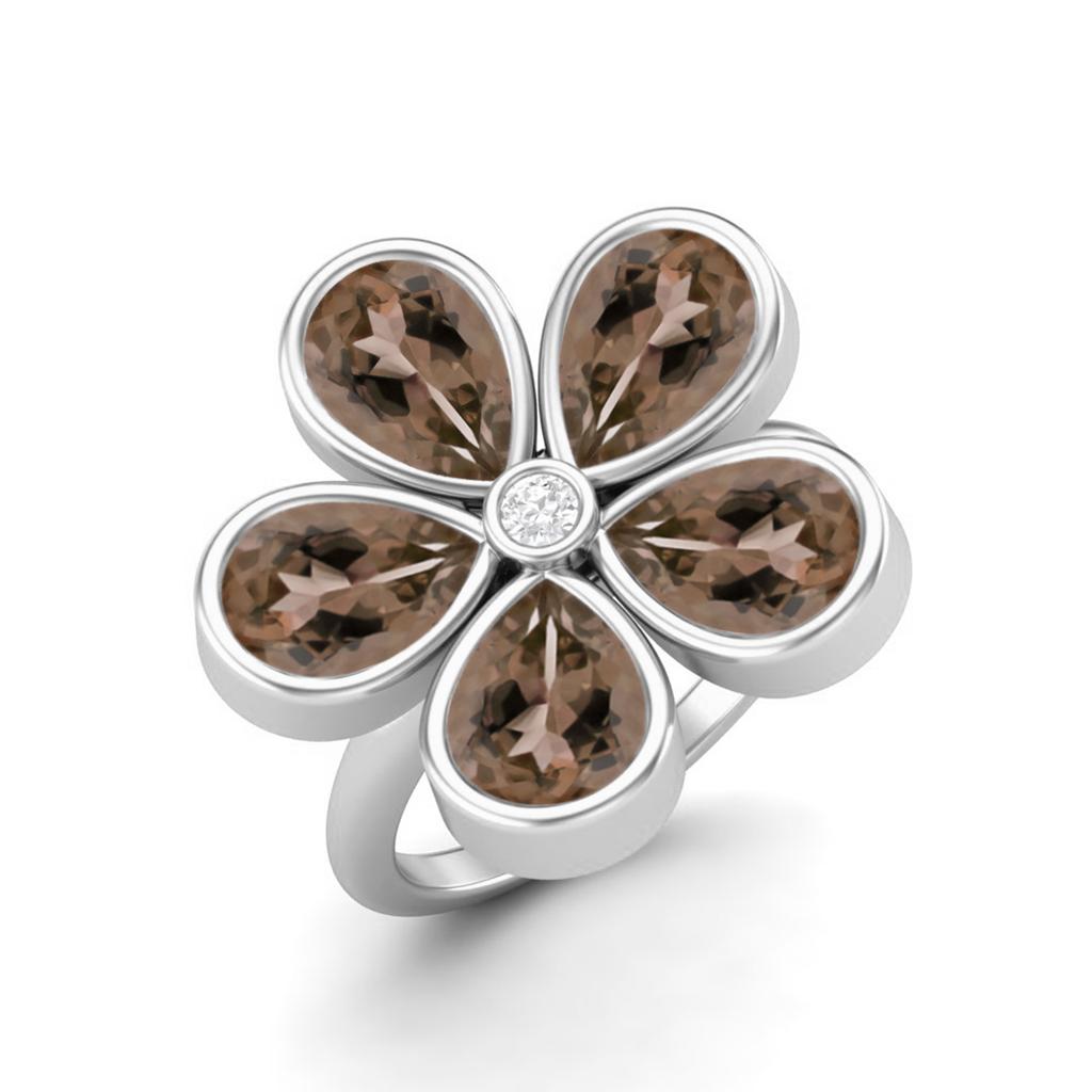 7X5mm Pear Smoky Quartz 925 Sterling Silver Five Stone Daisy Flower Women Engagement Ring