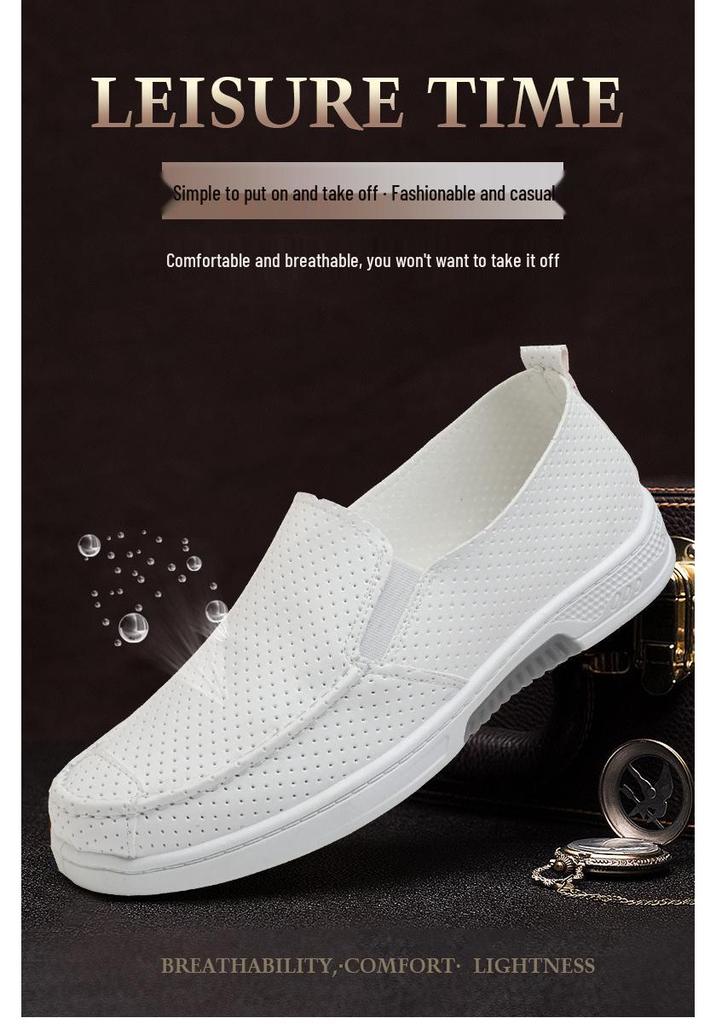Herren Weiße Perforierte Leder Slip-On Krankenschwester Schuhe - Atmungsaktiv, Rutschfest, Verschleißfest, Lässige Flache Sohle Board Schuhe
