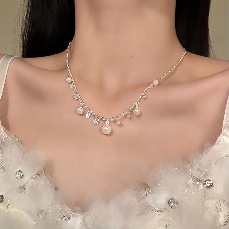 Zircon Water Drop Pearl Pendant Necklace Light Luxury Retro Temperament Collarbone Chain Niche Fashion Versatile Jewelry Women