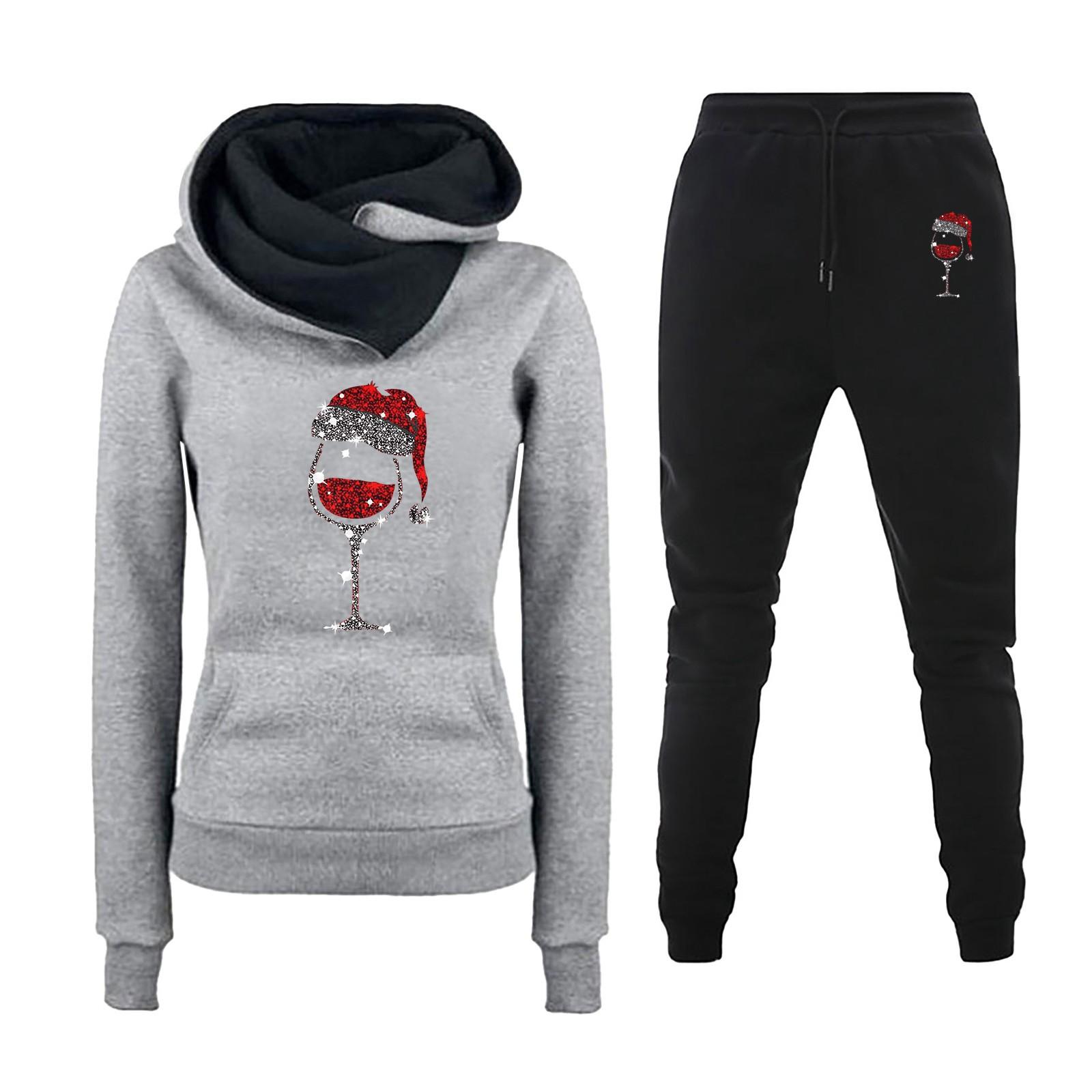 

Женская мода толстовка с капюшоном и длинными рукавами с рождественским принтом для бега, комплект из двух предметов L