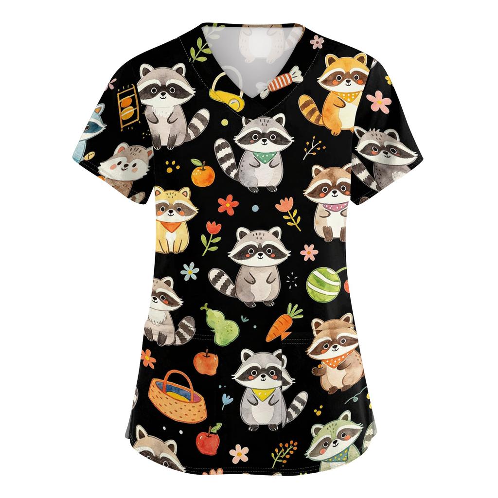 Women's V Neck Short Sleeve Work Top with Pockets Animal Print Medical Uniform Scrub Shirt for Healthcare Professionals Nursing Staff