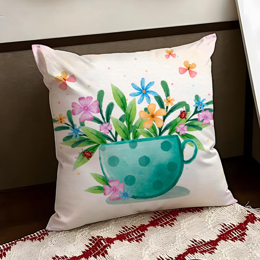 Painting Cup of Flowers Cushion Cover Reversible Soft Durable Pillow Cover Home  Car MultiScene Use for Daily Comfort