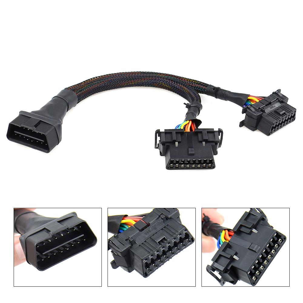 OBD2 Male to Dual Female Elbow Extension Cable with 16pins Available to Connected 1 IN 2 Converted OBD 2 Extender Adapter
