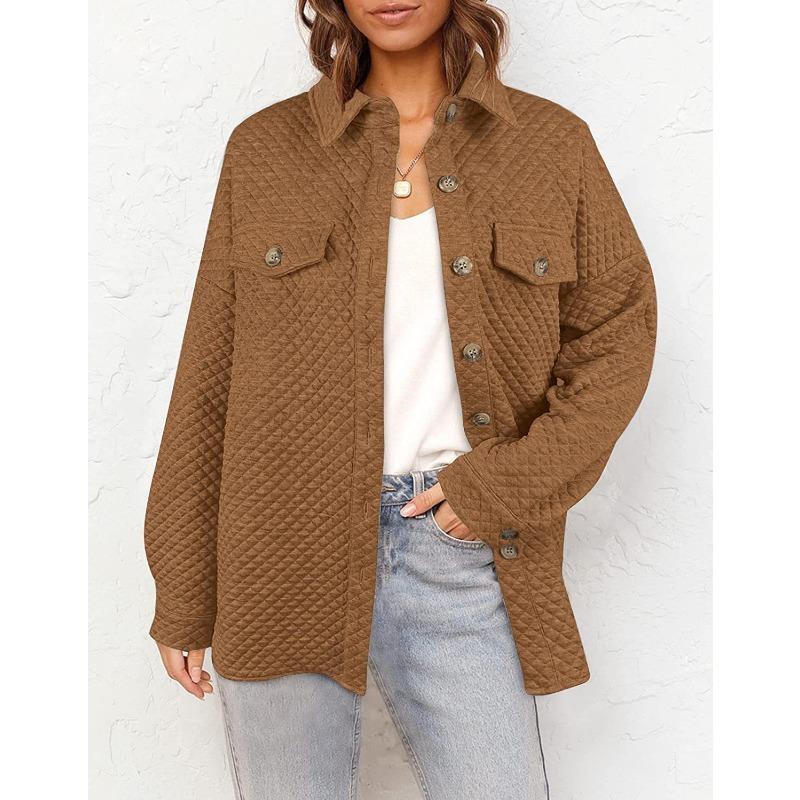 Womens Solid Color Diamond Pocket Casual Buttoned Collared Jacket