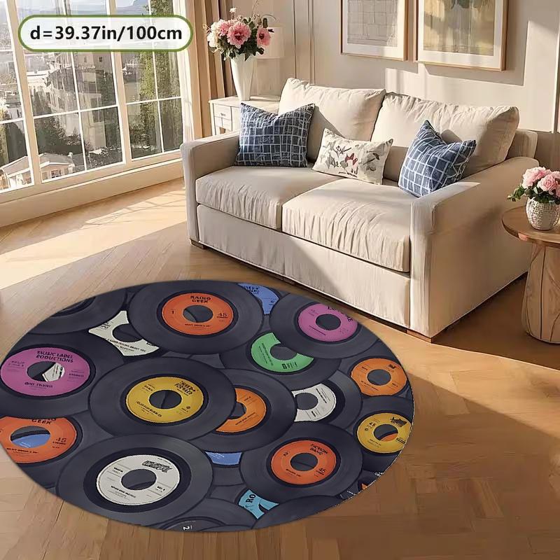 Vinyl Records Round Rug Flannel Retro Music Lover Gift DJ Studio Decor Black Orange Pink Green Label Discs Floor Mat Non Slip