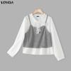 VONDA Women Casual Lace Collar Long Sleeve Fake Two-piece Patchwork Loose Blouse Shirts