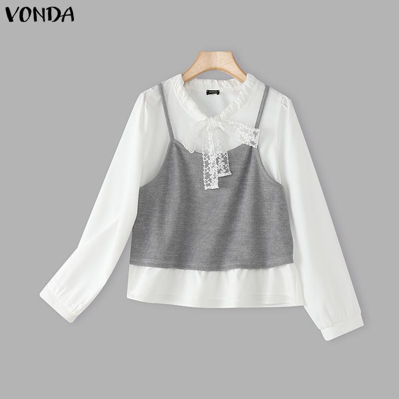 VONDA Women Casual Lace Collar Long Sleeve Fake Two-piece Patchwork Loose Blouse Shirts