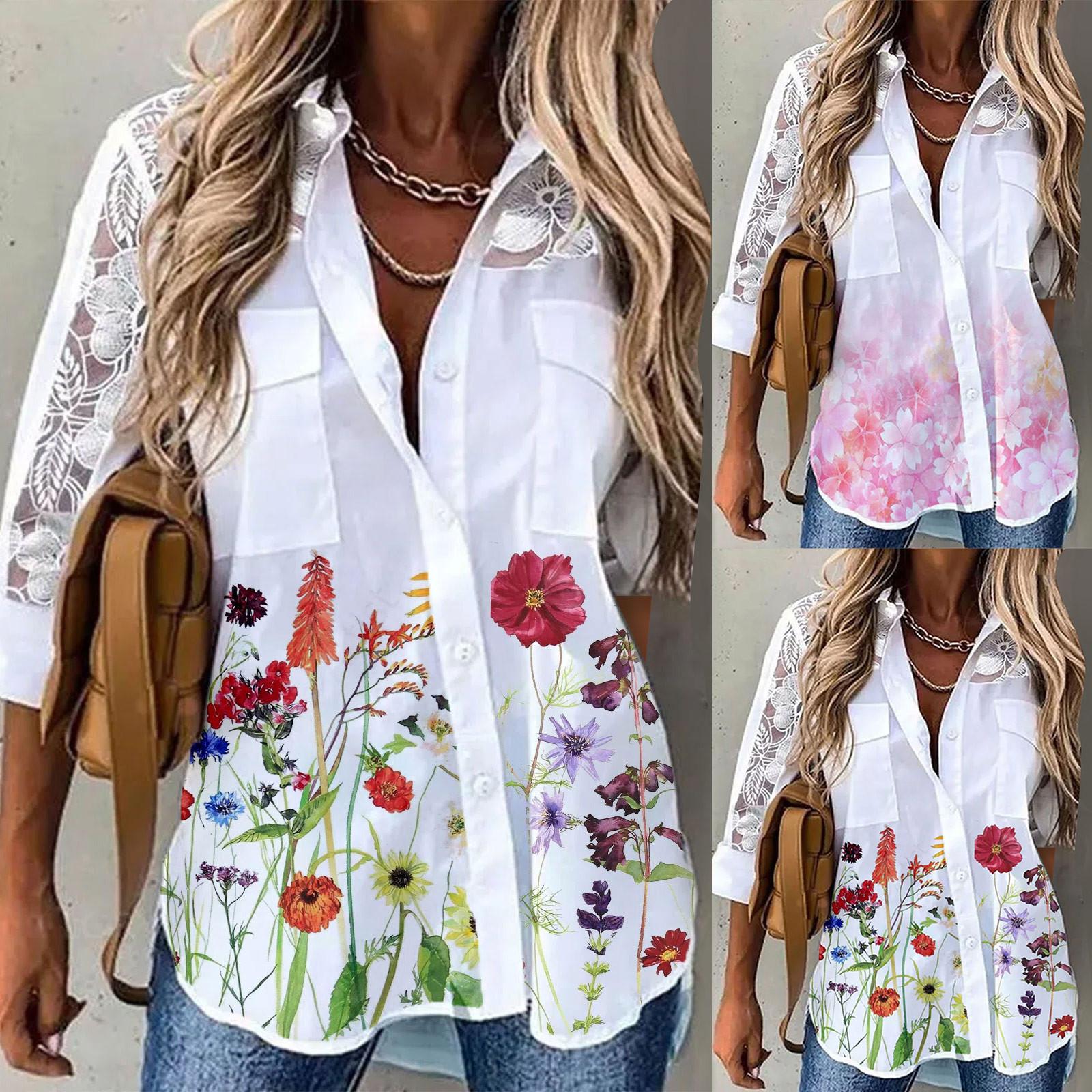 

Модная женская рубашка с v-образным вырезом и принтом средней длины и длинными рукавами, прозрачная кружевная повседневная рубашка