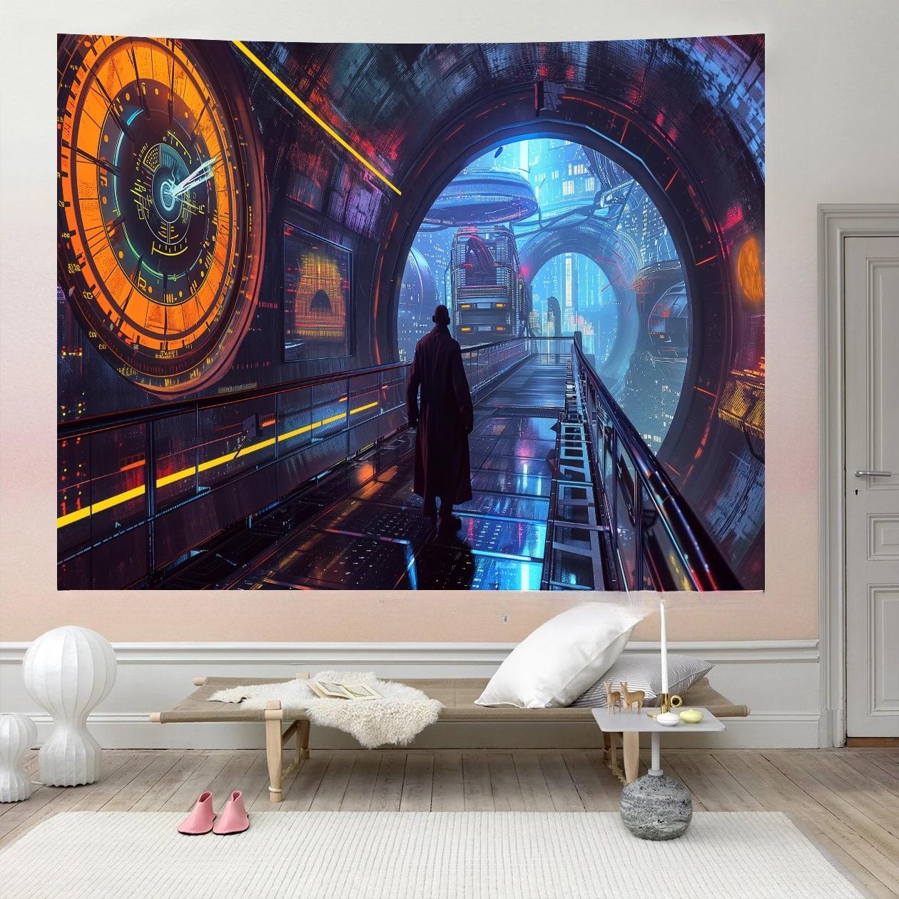 

Фантастический кибер-туннель Гобелен Футуристические неоновые огни Уникальное настенное искусство для домашнего декора Спальни Подарок для любителя научной фантастики 74x94cm(29x37in)