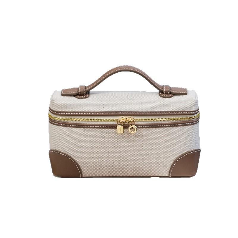 Canvas Contrast Lunch Bag Linen Vintage Genuine Leather Box Handbag Crossbody Small Size