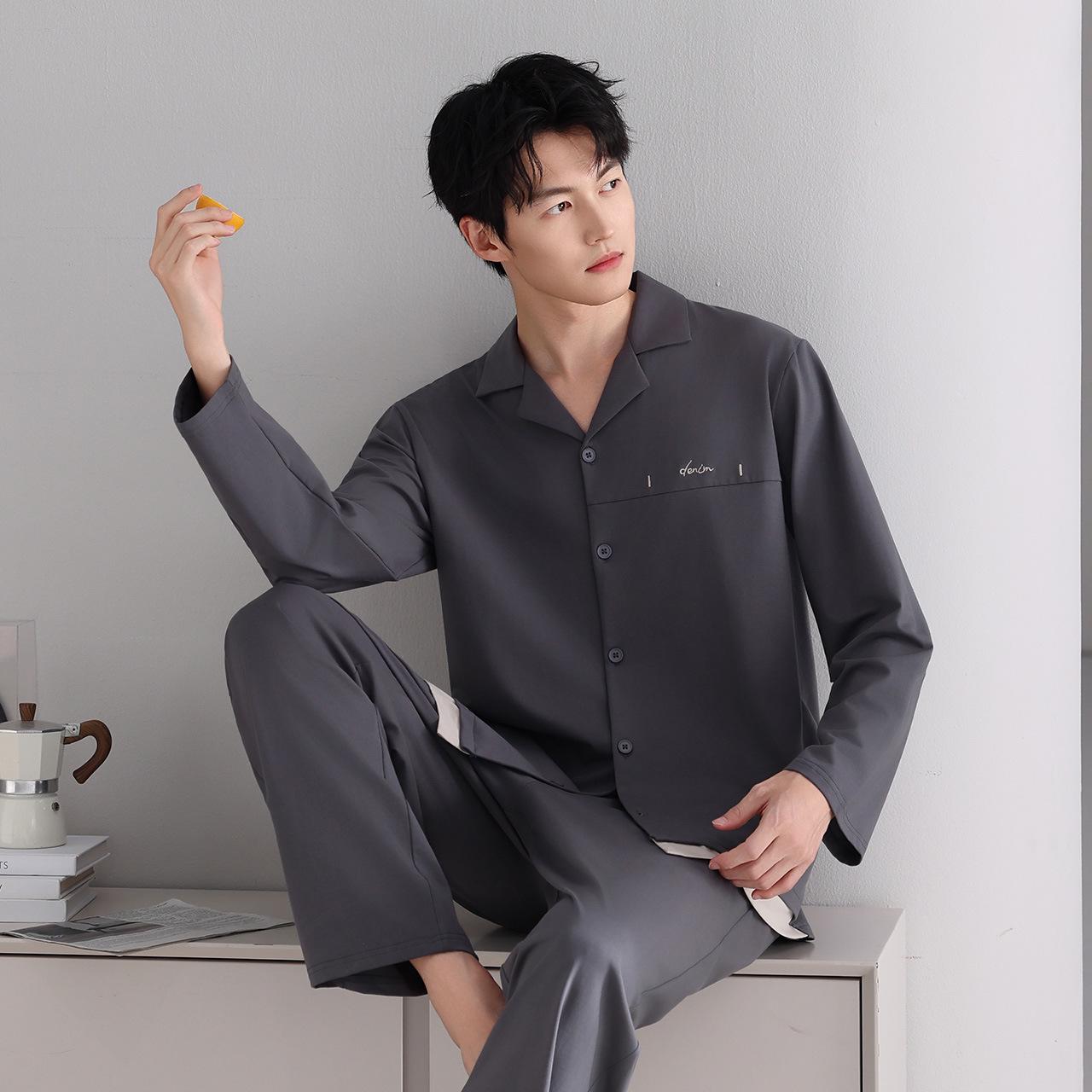 

Мужской пижамный комплект из лайкры и хлопка: С длинным рукавом, длинные брюки, кардиган для весны и осени, тонкая и стильная повседневная домашняя одежда. 3XL (Height 180-185cm, Weight 180-200kg)