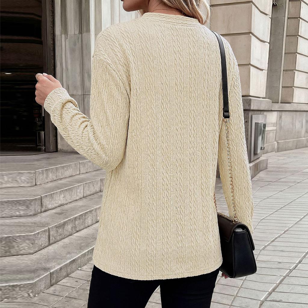 Women's V Neck Button Detail Long Sleeve Loose Fit Textured Pullover Top Casual Everyday Wear