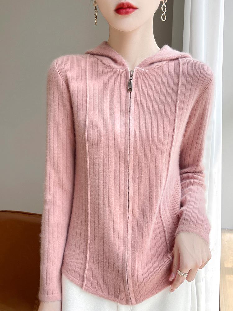 Women's Striped Hooded Wool Cardigan - Long Sleeve, Slimming Zip-Up Sweater for Autumn/Winter