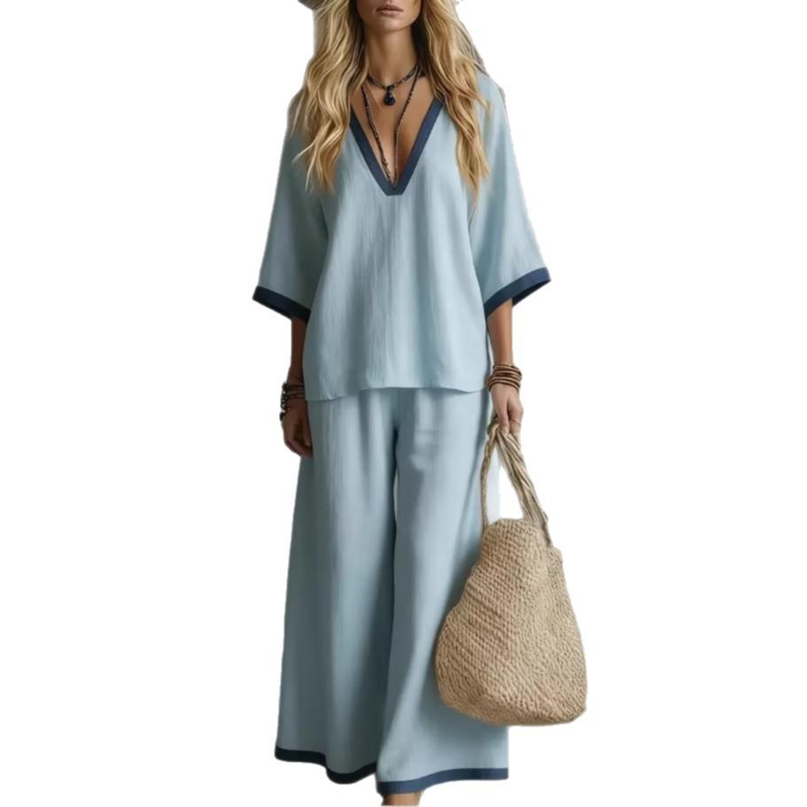 

Women s Two Piece Set V Neck Wide Leg Pants with Contrast Trim XXL світло-синій колір