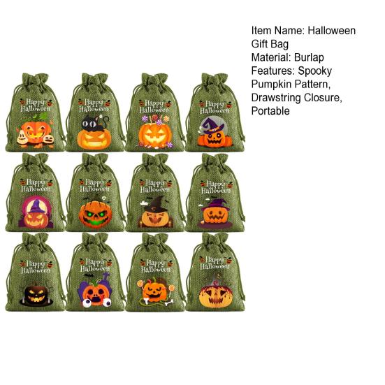 12 Pcs Halloween Treat Bags Burlap Gift Bags Mini Drawstring Candy Bags Pumpkin Pattern Goodie Bags for Halloween Party Favors