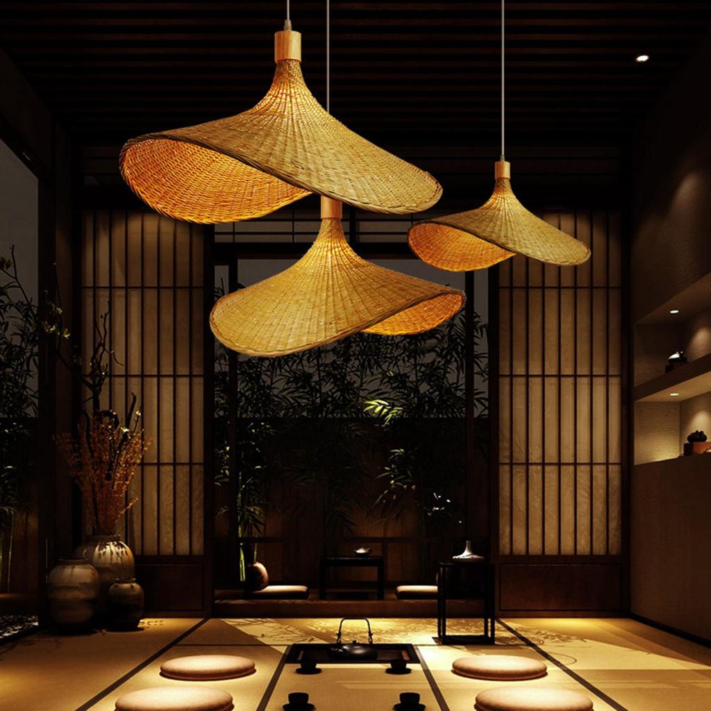 Ceiling Lamp Rattan Hat Lampshade 30cm -Bulb Not Included Vintage with 120cm Cord Modern for Living