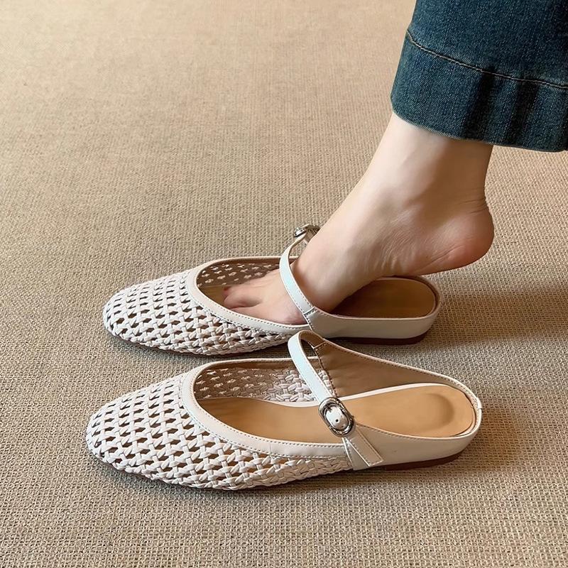 Sheepskin version~ retro handmade hollowed bag head half slippers women's 2025 summer outer wear breathable inner height increase cool slippers