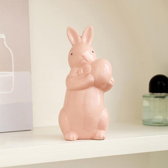 Easter Holding Egg Rabbit Figurine Ceramics Bow Tie Bunny Statue Sculpture Spring Easter Holiday Party