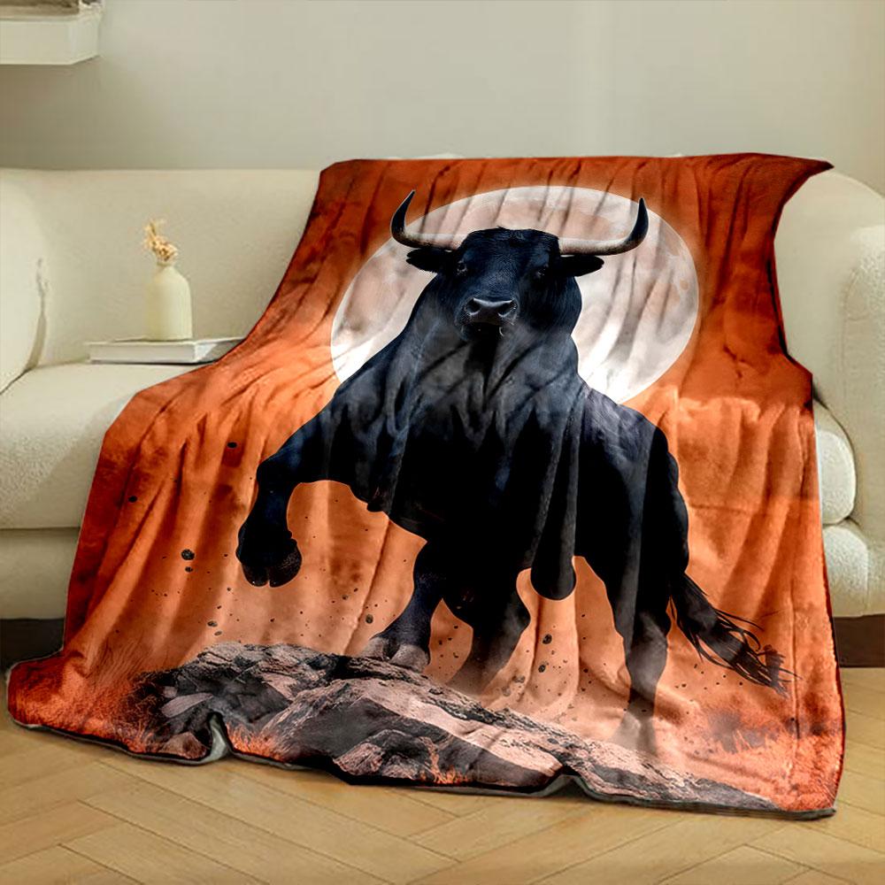A Powerful Black Bull In Motion with a Full Moon and Orange Background. for All Seasons Blanket Lunch Break Throw Gift