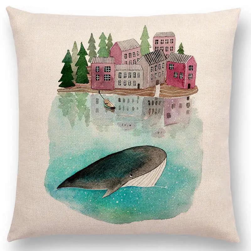 Newest Fashion Nordic Style Whale Cushion Cover Ocean Whales Home Pillow Case Linen Cotton Pillows Covers