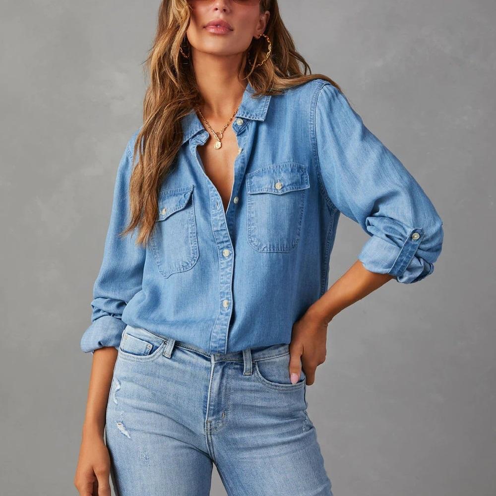 Women Denim Shirts Solid Color Turn Down Collar Long Sleeve Jean Blouses Single Breasted Loose Casual Tops Streetwear