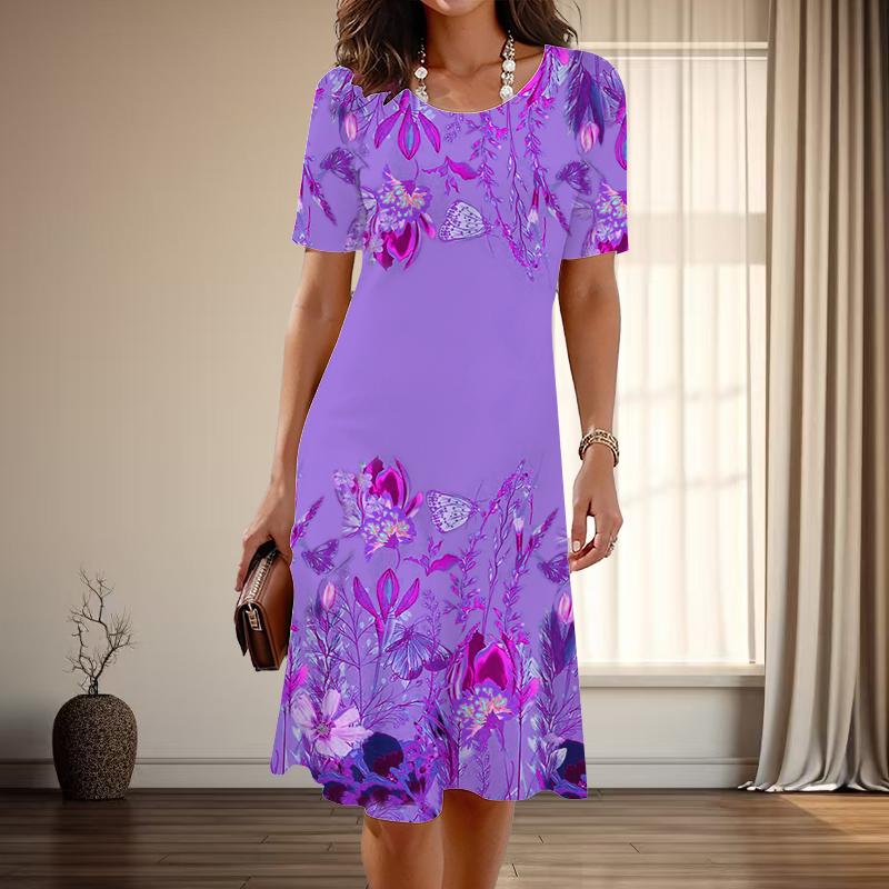 

Женская мода изящный цветочный принт лето весна короткий рукав О-образный вырез повседневные платья 5XL фиолетовый