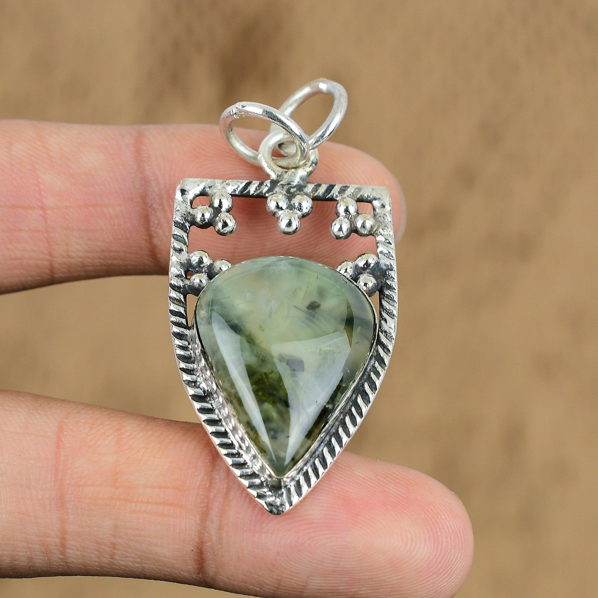 

Natural Prehnite Gemstone Pendant 925 Sterling Silver Indian Jewelry For Women