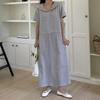 New Arrivals Open Run Big Collar Waist Ribbon Short Sleeve Dress Loose Fit Long
