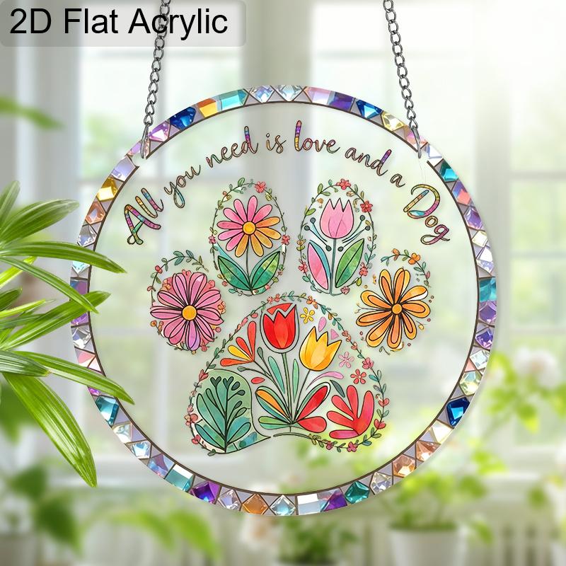 

Acrylic Floral Dog Paw Print Suncatcher All You Need is Love and a Dog Stained Glass Effect Window Hanging Ornament Pet Lover Themed Gift for Home 20cm/7.87Inches