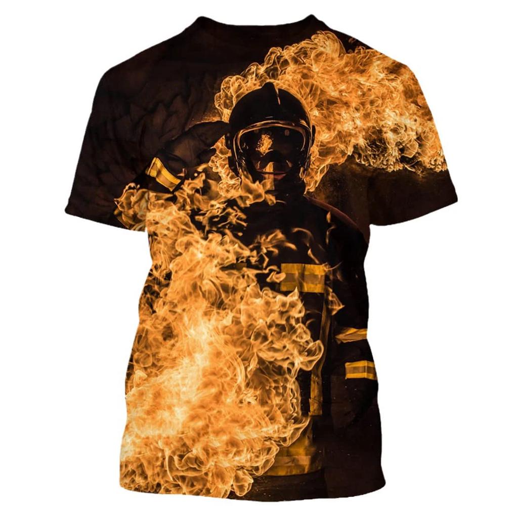Summer Round Neck 3D Firefighter Print Top Fashionable Casual Short Sleeved Men's T-shirts