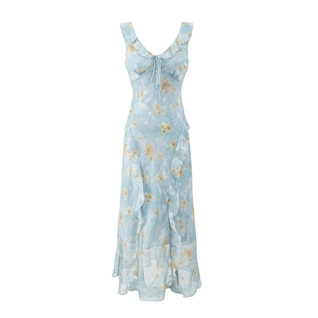 Summer New Coffee Break French Gentle Temperament V-neck Floral Suspender Seaside Vacation Style Slim Dress