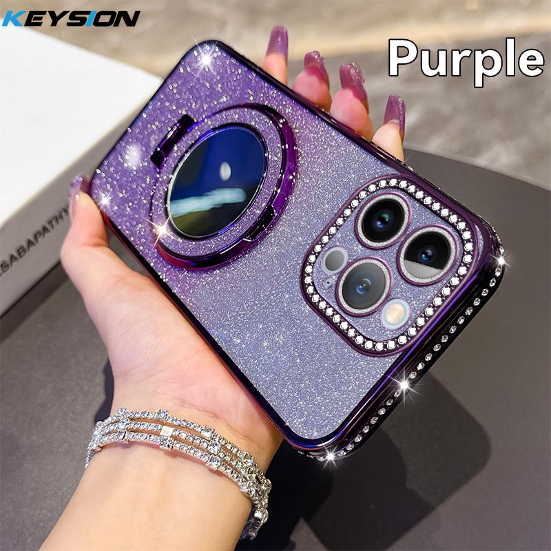 KEYSION Luxury Glitter Jewelled Magnetic Phone Case for iPhone 13 14 Pro Max Makeup Mirror Ring Stand Shockproof Back Cover