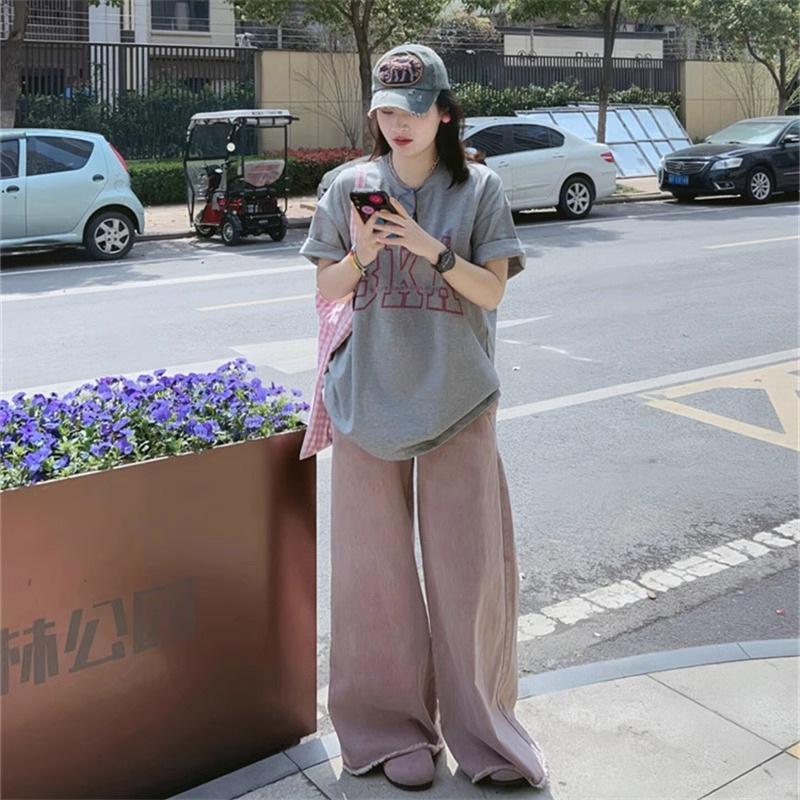 Light Gray Front Shoulder Short-sleeved T-shirt Women's Pure Cotton Large Size Loose Oversize Round Neck Half-sleeved Top Trendy Ins