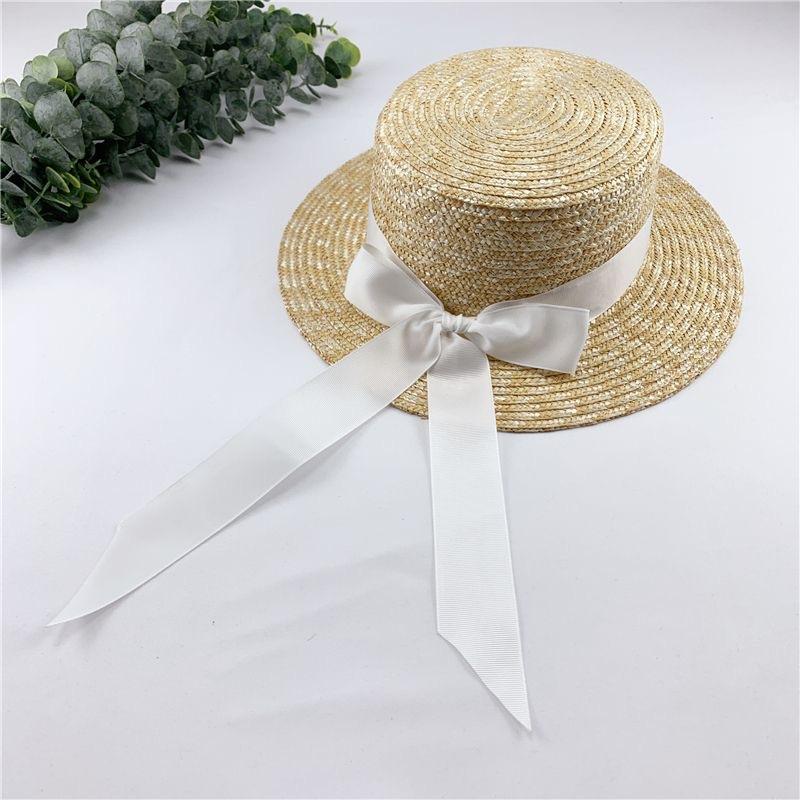 Straw straw hat woven flat top ribbon bow streamer wide brim summer age reduction Sanya vacation beach sunshade