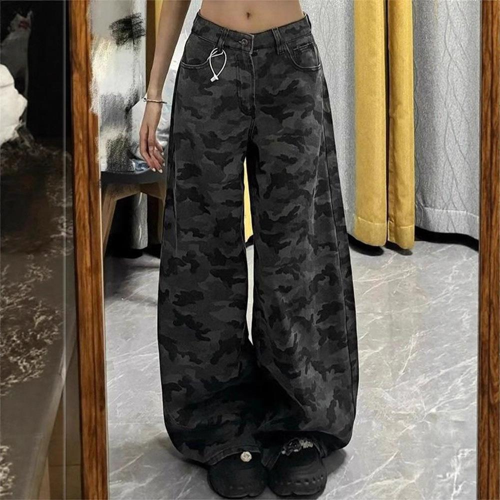 Large Size High Street Camouflage Wide Leg Jeans Female Loose Thin High Waist Trailing Floor Straight Trousers Jeans for Women Long Denim Pants