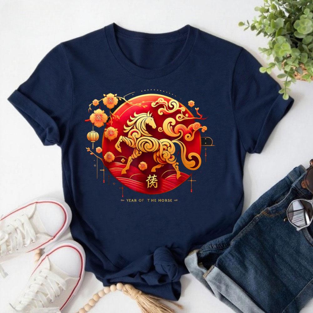 

2026 Year of The Horse Chinese New Year Outfit Oneck TShirt Family New Year Gift Women Tops Retro Horse Printed Tees S